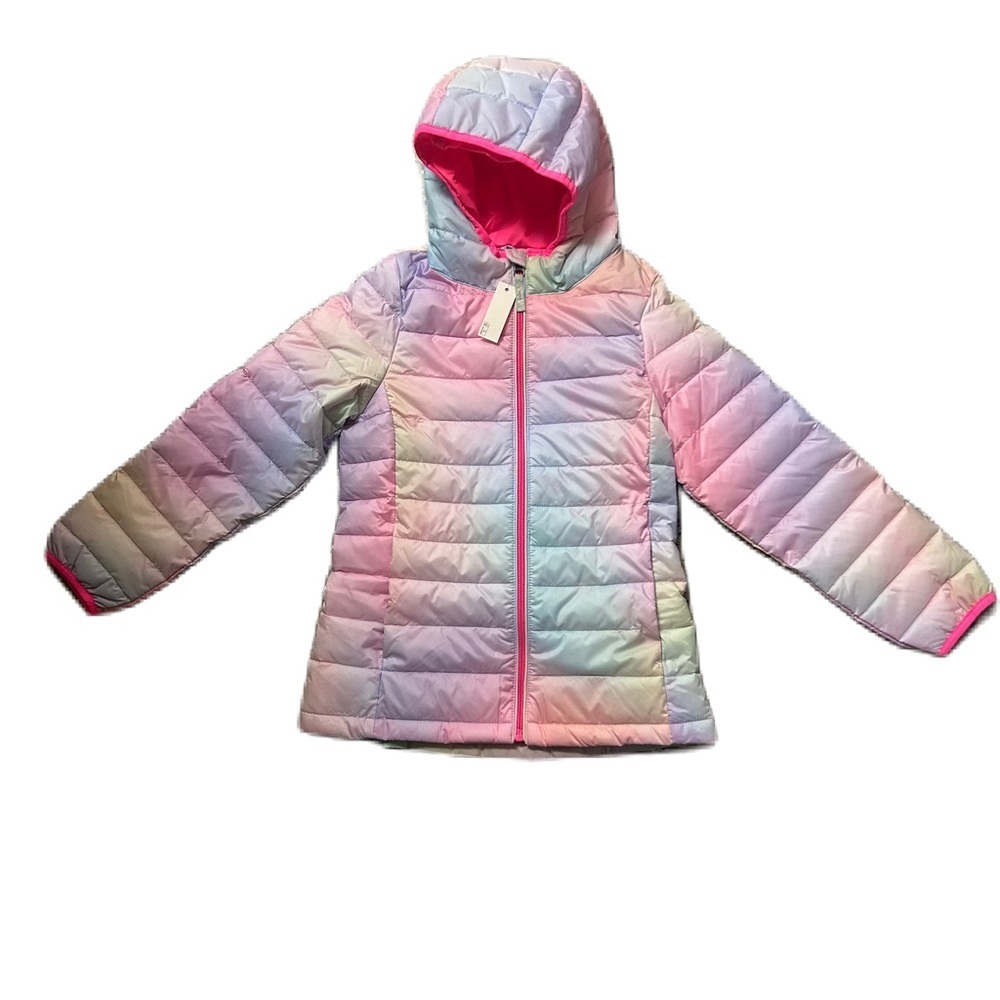 NWT Amazon Essentials Pastel Gradient Hooded Puffer Jacket Sz. 8 w/ Gloves & Sac